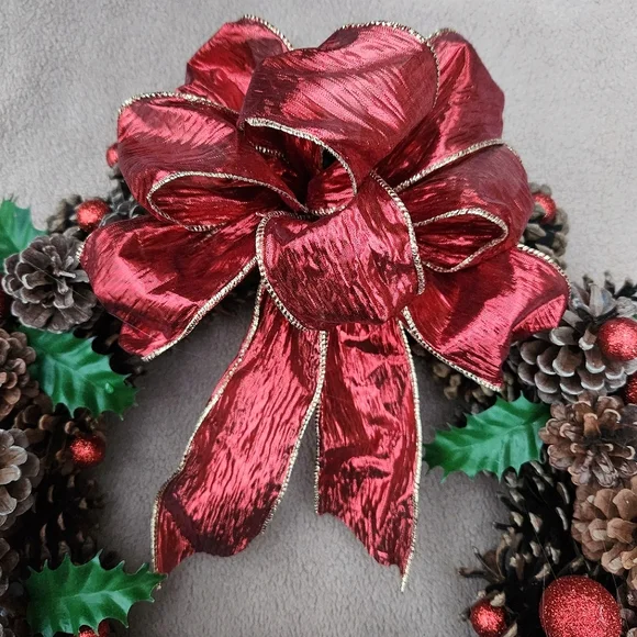 Classic Holly & Glitter Berries Christmas Pinecone Wreath - Picture 2 of 6